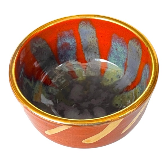Stoneware Pottery Bowl with Genuine 18k Gold Trim in Rust & Olive Layered Glazes - Picture 3 of 13